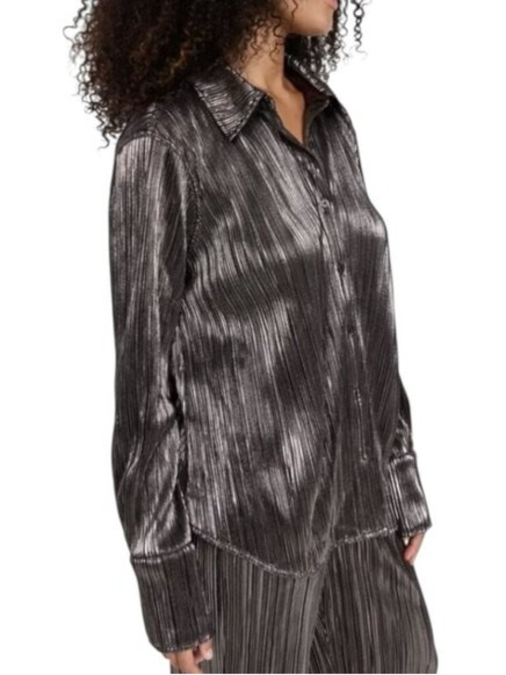 Good American Metallic Pleated Button-Up Top